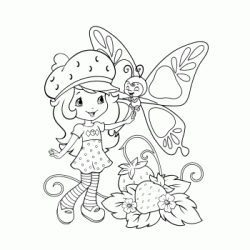 Dibujo para colorear Charlotte con fresas y una mariposa