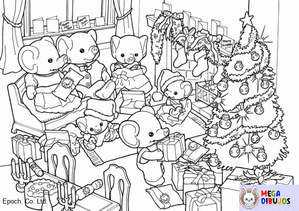 Dibujo para colorear La familia de elefantes celebra la Navidad.