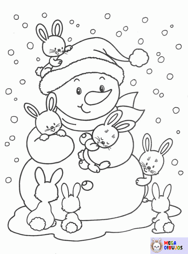 Dibujo para colorear Pequeño muñeco de nieve y conejos