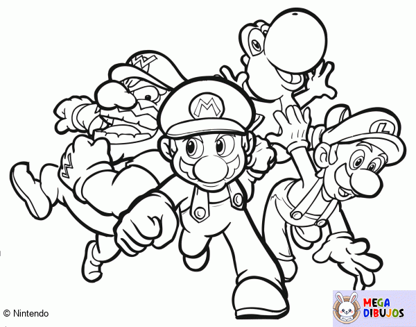 Dibujo para colorear Mario, Luigi, Yoshi y Wario