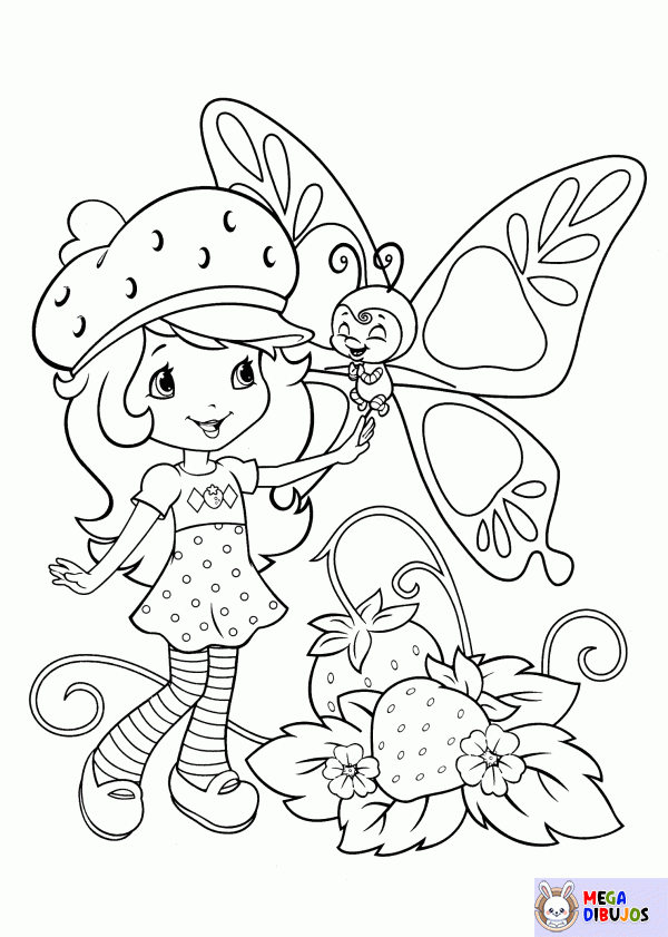 Dibujo para colorear Charlotte con fresas y una mariposa