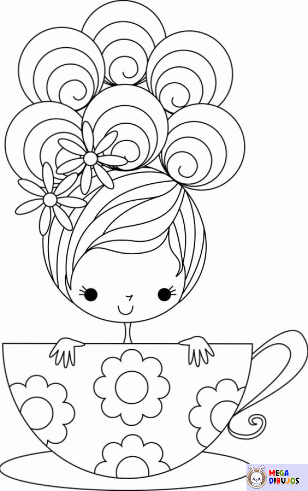 Dibujo para colorear Niña y taza de té