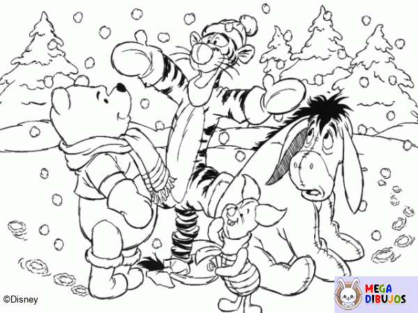 Dibujo para colorear Winnie y sus amigos en la nieve