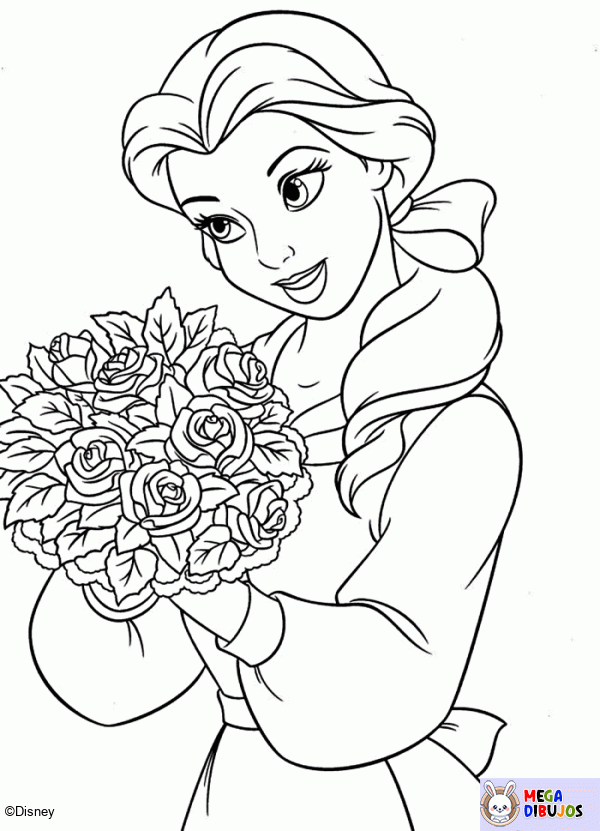 Dibujo para colorear Bella y su ramo de rosas