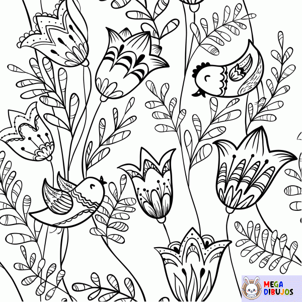 Dibujo para colorear Pájaros y flores