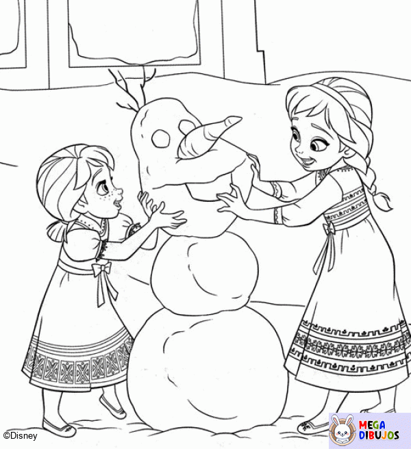 Dibujo para colorear Anna y Elsa están construyendo un muñeco de nieve