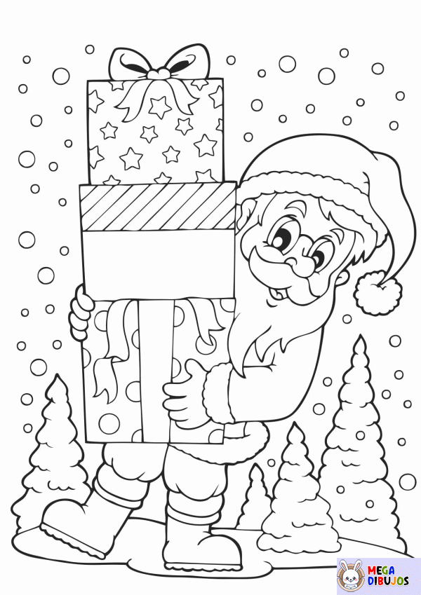 Dibujo para colorear Papa Noel y los regalos