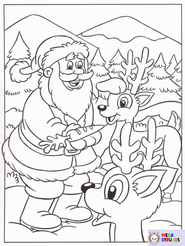 Dibujo para colorear Papa Noel y sus renos