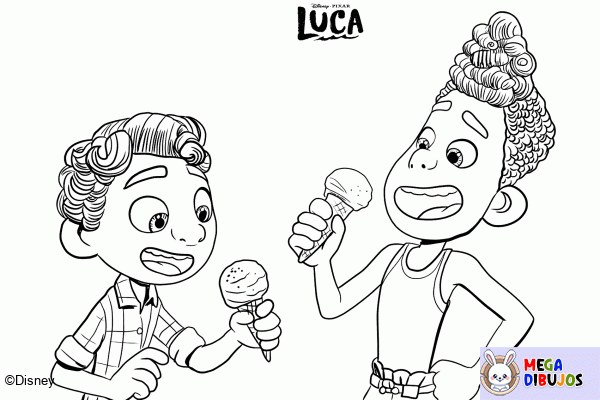 Dibujo para colorear Alberto y Luca comen helado