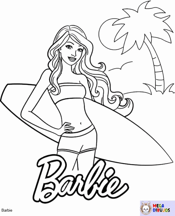 Dibujo para colorear Barbie vacaciones y Surf