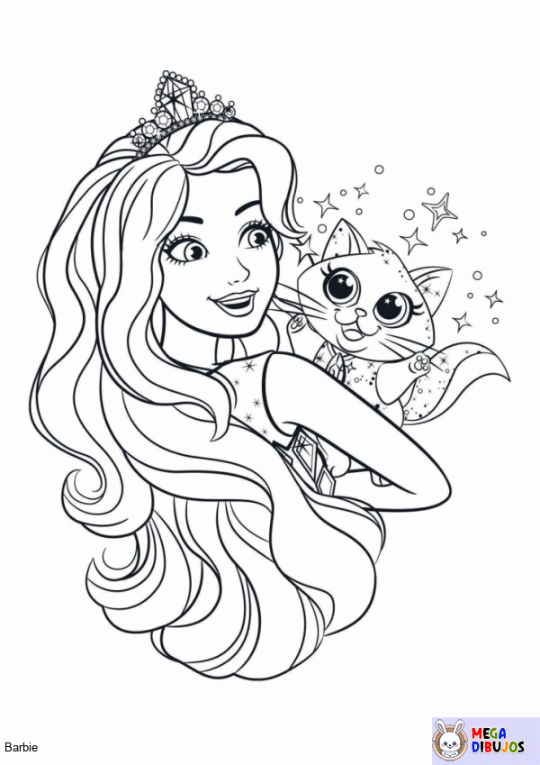 Dibujo para colorear La princesa Barbie y su gato