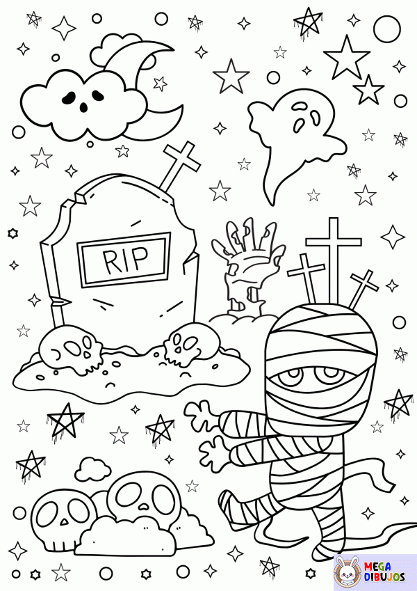 Dibujo para colorear Decoración de momia y Halloween para colorear