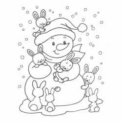 Dibujo para colorear Pequeño muñeco de nieve y conejos