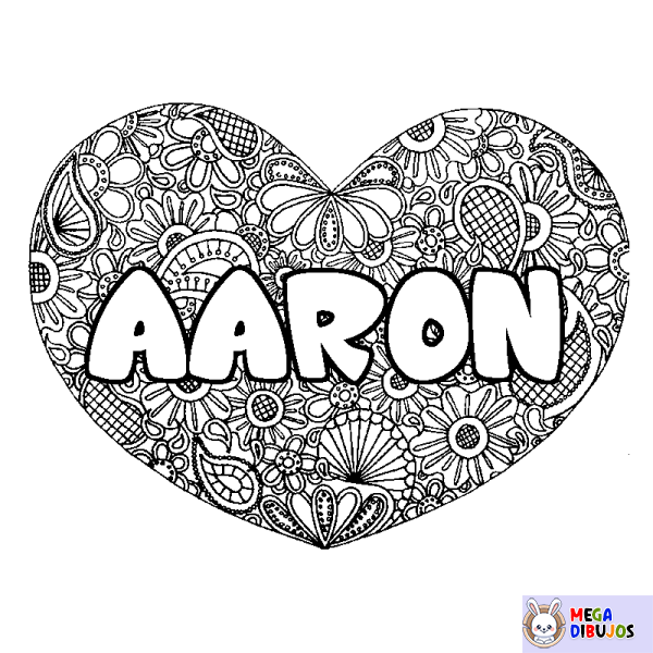 Coloración del nombre AARON - decorado mandala de coraz&oacute;n