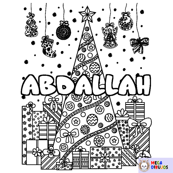 Coloración del nombre ABDALLAH - decorado &aacute;rbol de Navidad y regalos