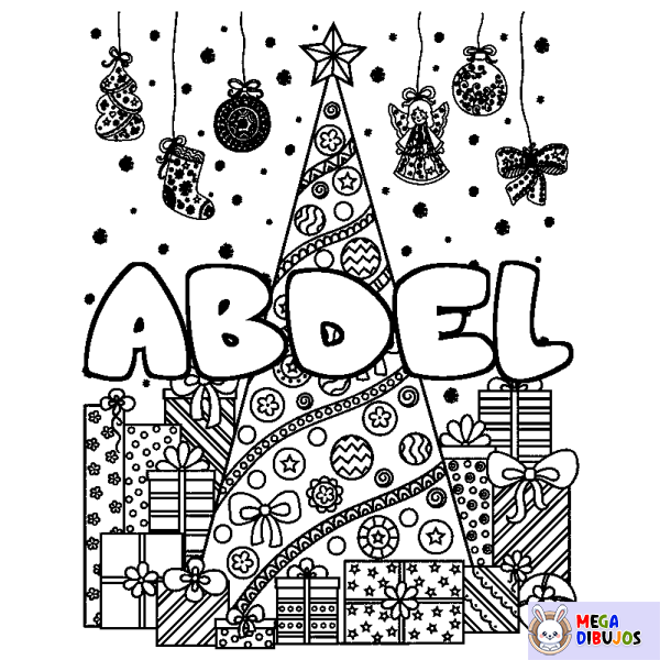 Coloración del nombre ABDEL - decorado &aacute;rbol de Navidad y regalos