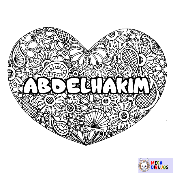 Coloración del nombre ABDELHAKIM - decorado mandala de coraz&oacute;n