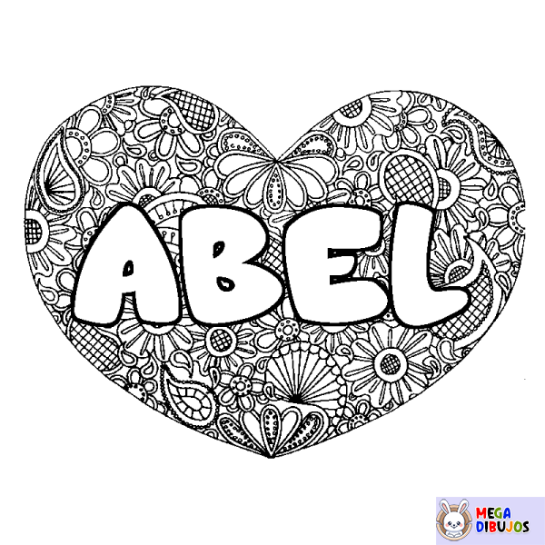 Coloración del nombre ABEL - decorado mandala de coraz&oacute;n