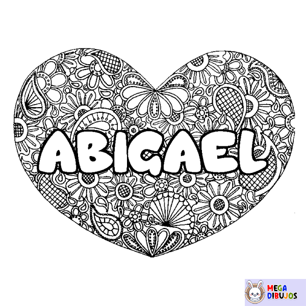 Coloración del nombre ABIGAEL - decorado mandala de coraz&oacute;n