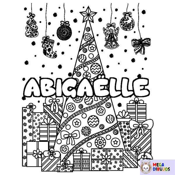 Coloración del nombre ABIGA&Euml;LLE - decorado &aacute;rbol de Navidad y regalos