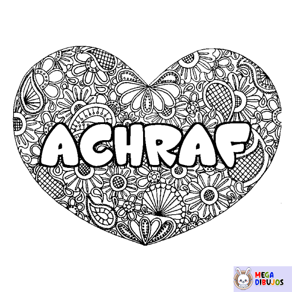 Coloración del nombre ACHRAF - decorado mandala de coraz&oacute;n