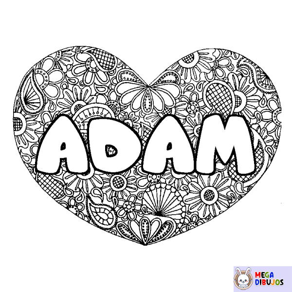 Coloración del nombre ADAM - decorado mandala de coraz&oacute;n