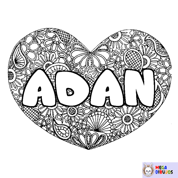 Coloración del nombre ADAN - decorado mandala de coraz&oacute;n