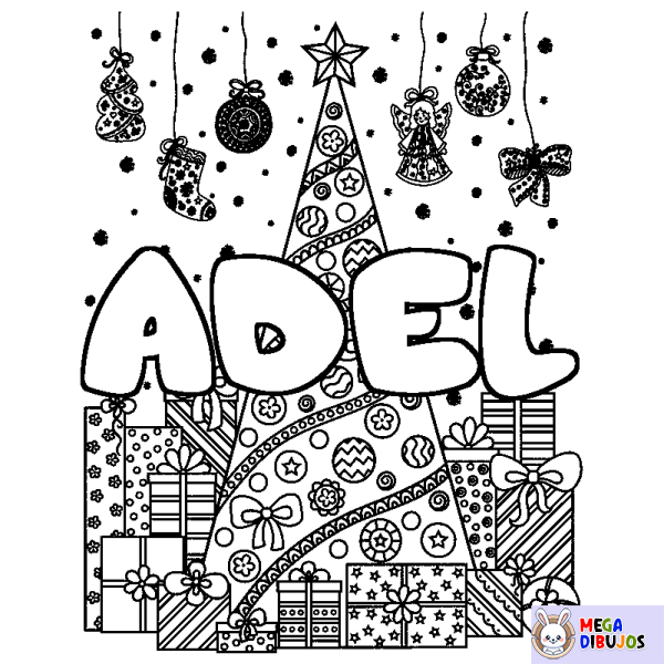 Coloración del nombre ADEL - decorado &aacute;rbol de Navidad y regalos