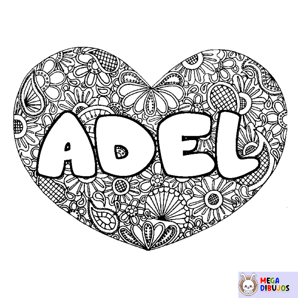 Coloración del nombre ADEL - decorado mandala de coraz&oacute;n