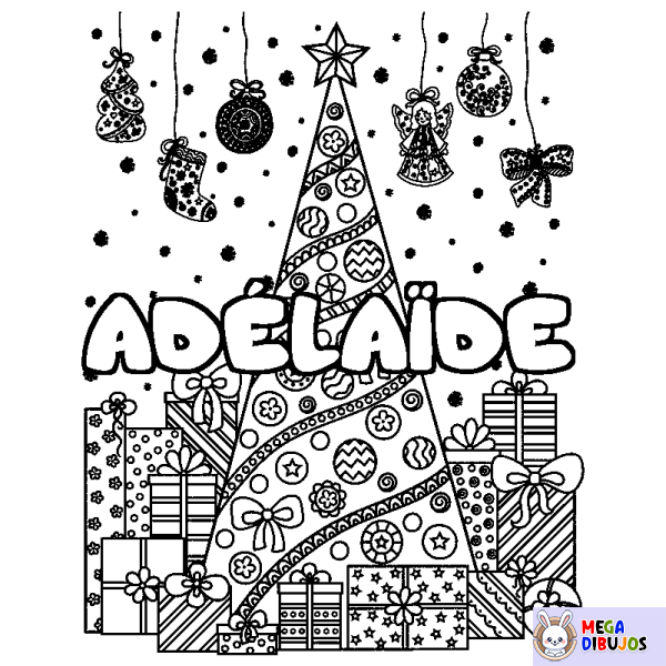 Coloración del nombre AD&Eacute;LA&Iuml;DE - decorado &aacute;rbol de Navidad y regalos