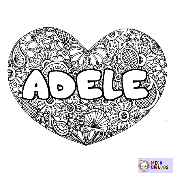 Coloración del nombre ADELE - decorado mandala de coraz&oacute;n
