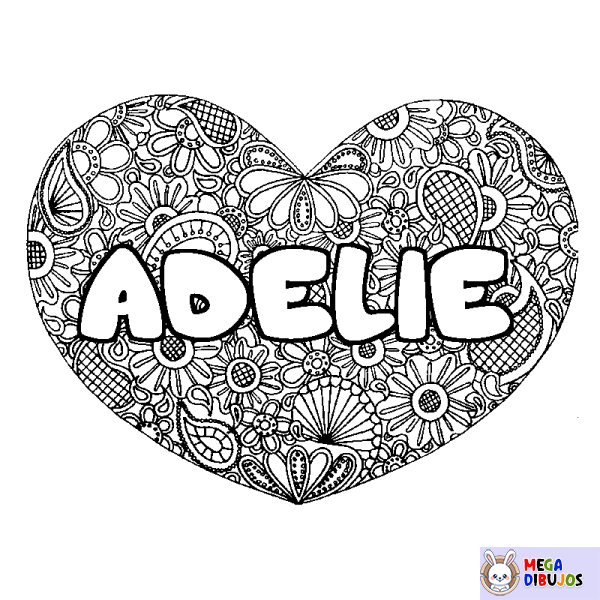 Coloración del nombre ADELIE - decorado mandala de coraz&oacute;n