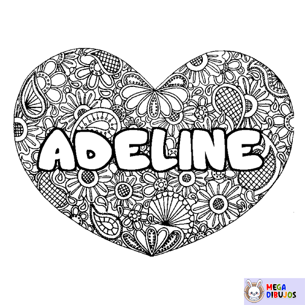 Coloración del nombre ADELINE - decorado mandala de coraz&oacute;n