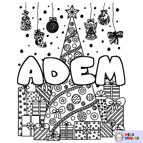 Coloración del nombre ADEM - decorado &aacute;rbol de Navidad y regalos