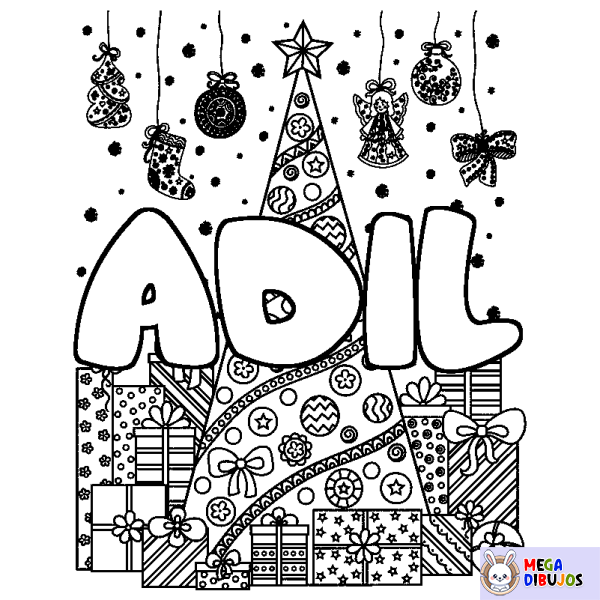 Coloración del nombre ADIL - decorado &aacute;rbol de Navidad y regalos