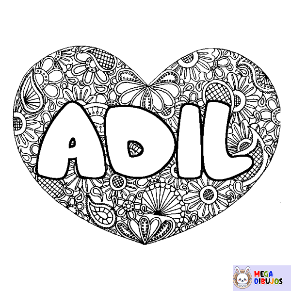 Coloración del nombre ADIL - decorado mandala de coraz&oacute;n