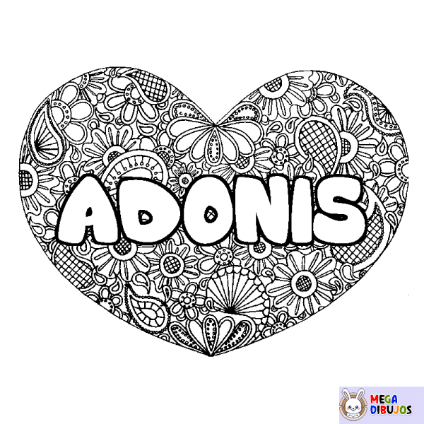 Coloración del nombre ADONIS - decorado mandala de coraz&oacute;n