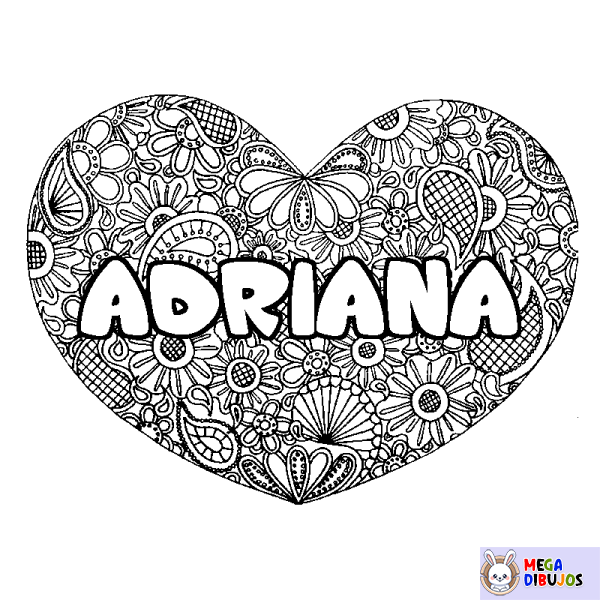 Coloración del nombre ADRIANA - decorado mandala de coraz&oacute;n