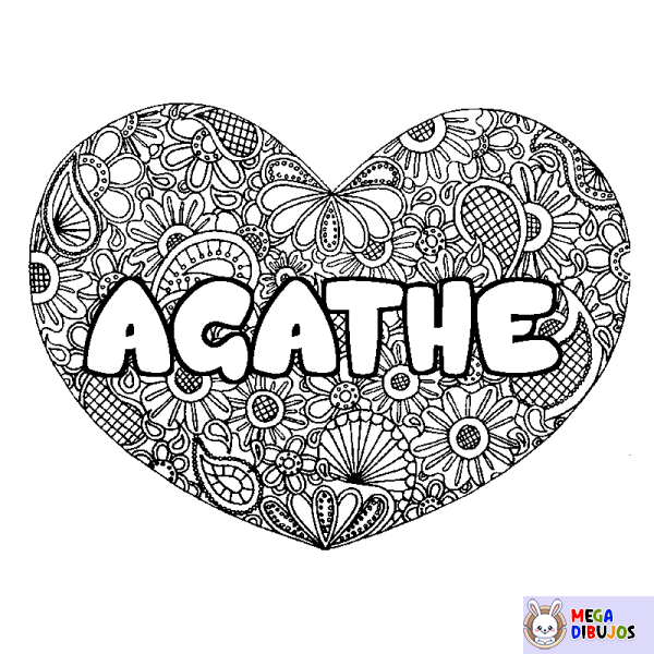 Coloración del nombre AGATHE - decorado mandala de coraz&oacute;n