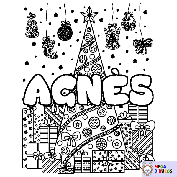 Coloración del nombre AGN&Egrave;S - decorado &aacute;rbol de Navidad y regalos