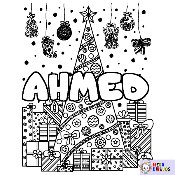 Coloración del nombre AHMED - decorado &aacute;rbol de Navidad y regalos