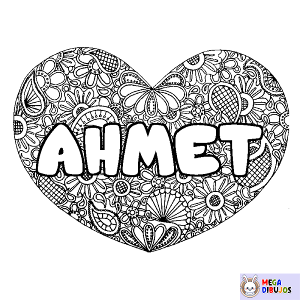 Coloración del nombre AHMET - decorado mandala de coraz&oacute;n