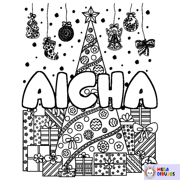 Coloración del nombre AICHA - decorado &aacute;rbol de Navidad y regalos