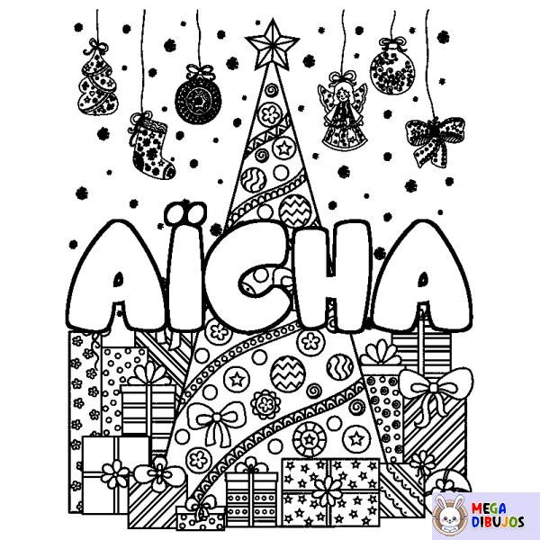 Coloración del nombre A&Iuml;CHA - decorado &aacute;rbol de Navidad y regalos