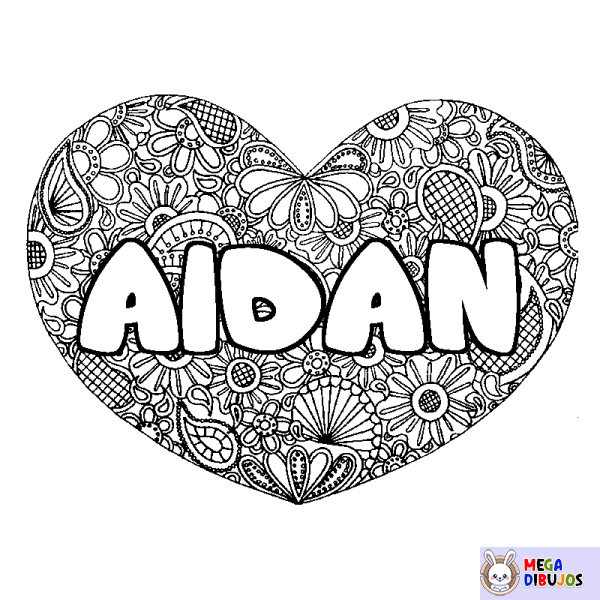 Coloración del nombre AIDAN - decorado mandala de coraz&oacute;n