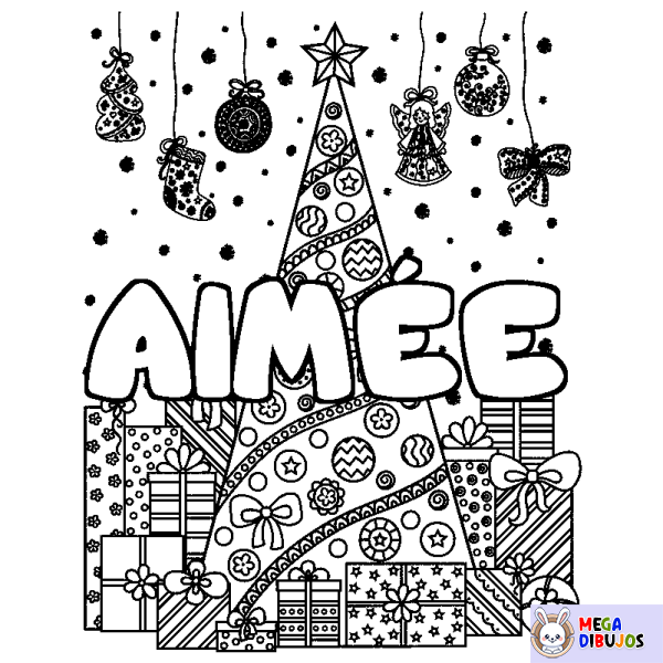 Coloración del nombre AIM&Eacute;E - decorado &aacute;rbol de Navidad y regalos