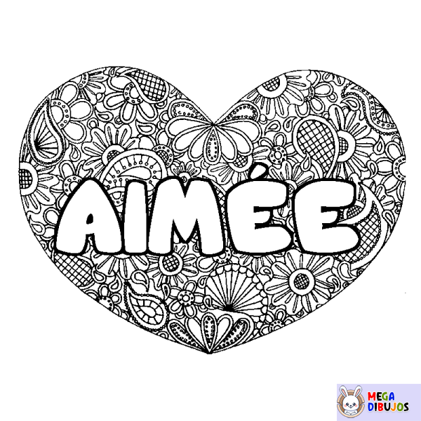 Coloración del nombre AIM&Eacute;E - decorado mandala de coraz&oacute;n