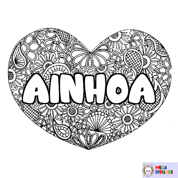 Coloración del nombre AINHOA - decorado mandala de coraz&oacute;n