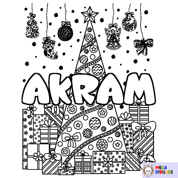 Coloración del nombre AKRAM - decorado &aacute;rbol de Navidad y regalos