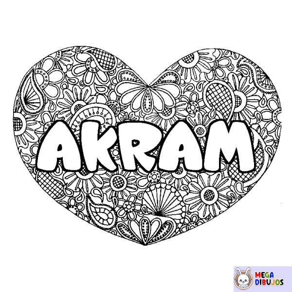 Coloración del nombre AKRAM - decorado mandala de coraz&oacute;n